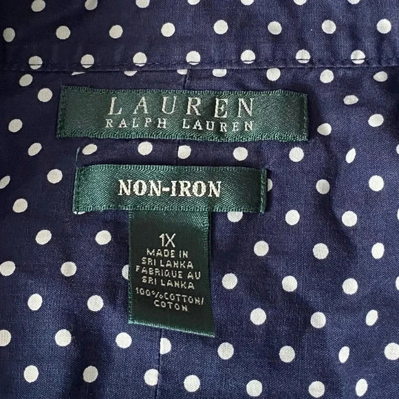 LAUREN RALPH LAUREN Navy/White Polka Dot Non Iron Button Up Cotton Shirt Size 1X - Picture 9 of 10